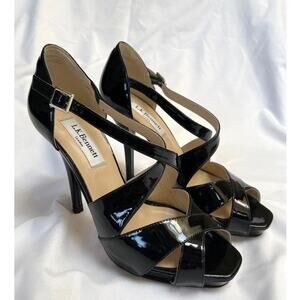 L.K. Bennett SANDY BLACK Patent Leather Strappy Sandal Heels, EU 36.5, US 5.5